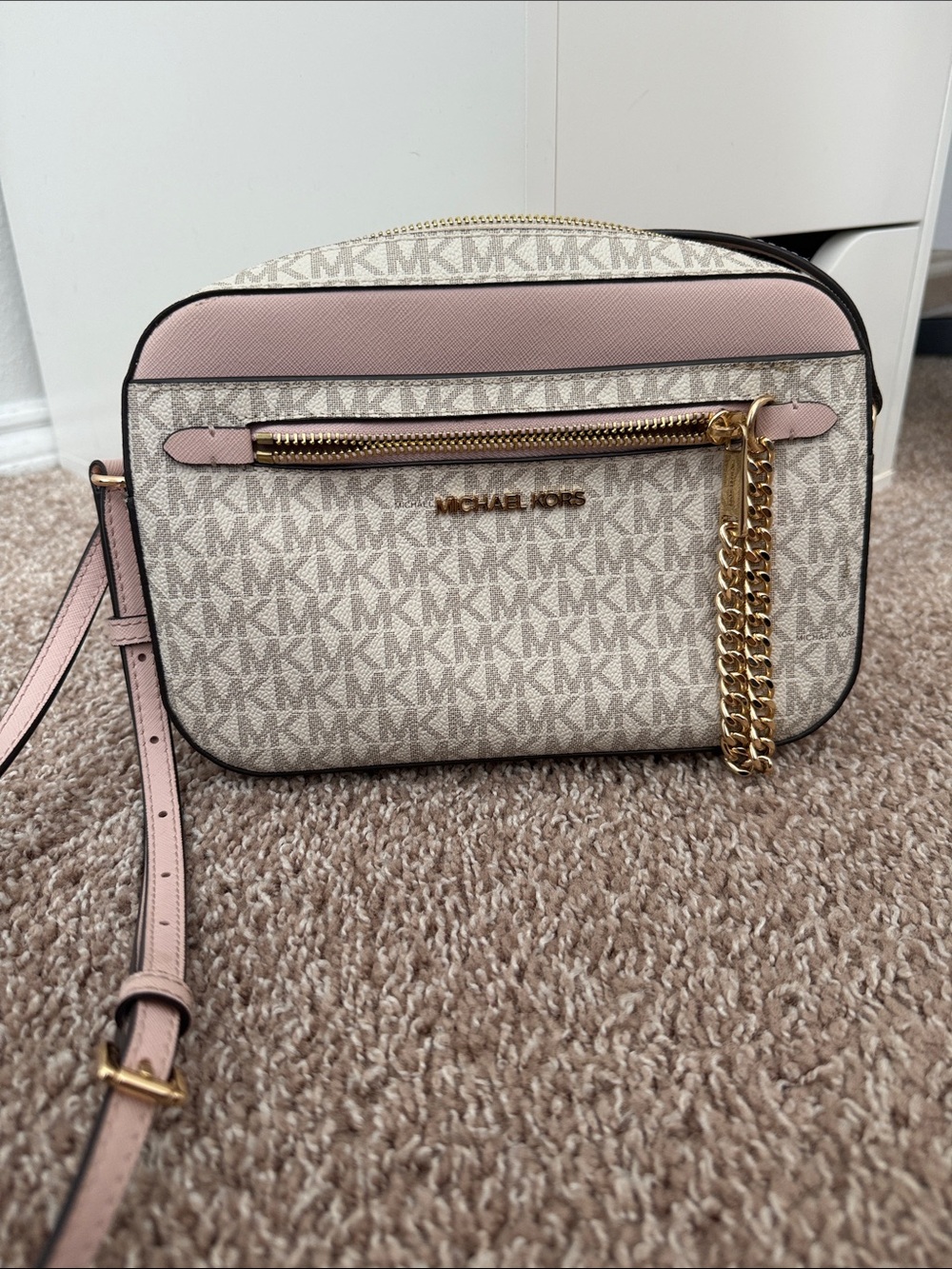 Michael Kors Beige MK Logo Crossbody with Pale Pink Trim and Gold Chain